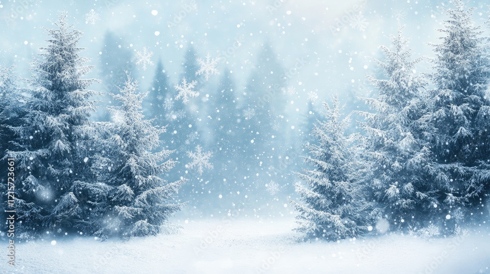 Serene winter landscape featuring snow-covered fir trees amidst gentle snowfall and sparkling snowflakes in a tranquil setting Serene winter landscape featuring snow-covered fir trees amidst gentle snowfall and sparkling snowflakes in a tranquil setting