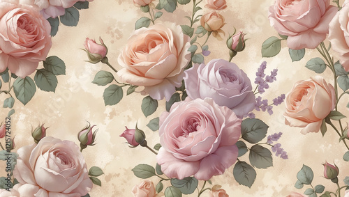 Romantic pastel roses background with elegant floral seamless pattern design