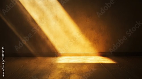 Soft Golden Rays Illuminating Textured Wall in Minimalist Interior Space with Warm Wooden Flooring