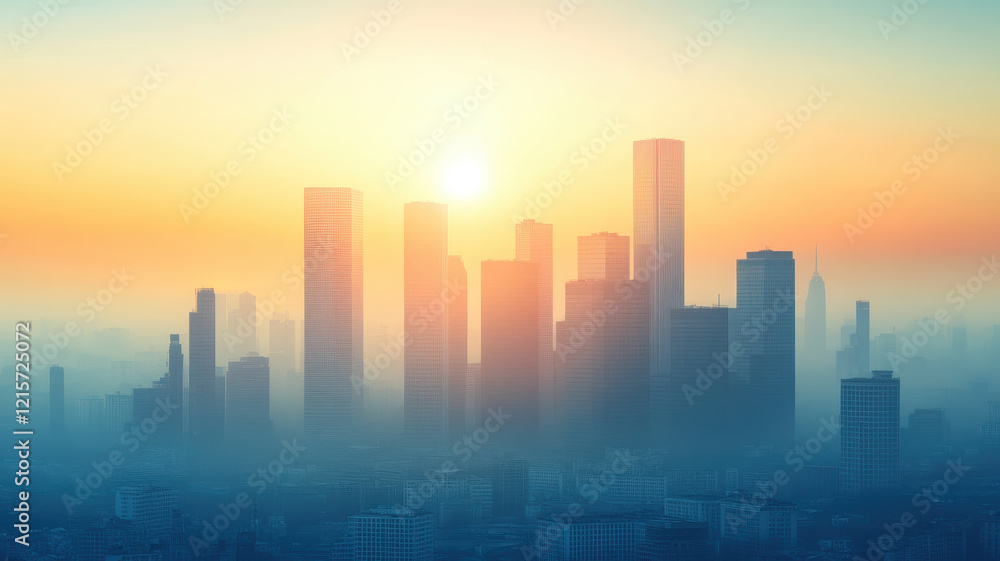 Urban skyline at sunrise with smog covering tall buildings, creating serene yet bustling atmosphere. soft colors of dawn blend beautifully with cityscape Urban skyline at sunrise with smog covering tall buildings, creating serene yet bustling atmosphere. soft colors of dawn blend beautifully with cityscape