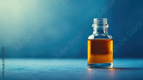 Glass bottle filled with amber cosmetic serum on blue background with soft focus and ample negative space for skincare product promotion. photo