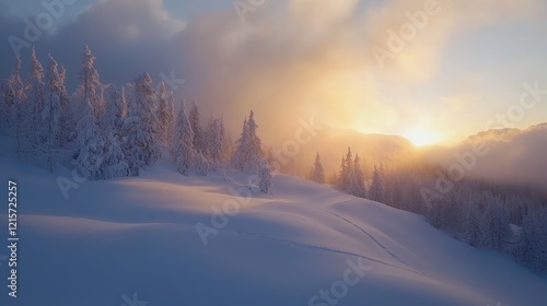 Wallpaper Mural Serene winter landscape at sunrise illuminating snowy forest and gentle hills under a colorful sky Torontodigital.ca
