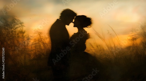 Silhouette of a couple embracing at sunset in a field of tall grass.