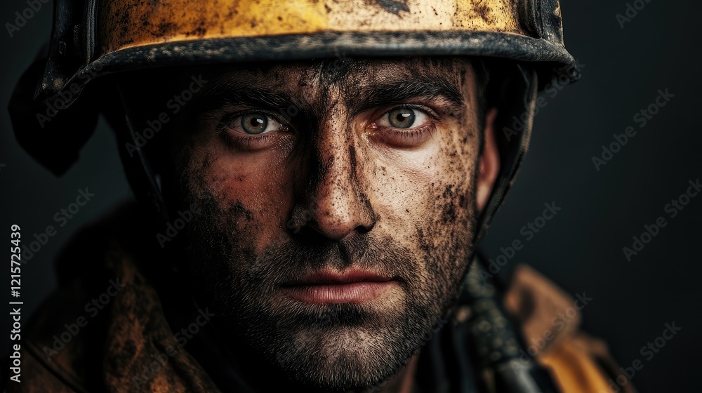 Close up portrait of a courageous male firefighter wearing a yellow helmet and dirty full uniform with intense eyes against a dark textured background evoking bravery and resilience Close up portrait of a courageous male firefighter wearing a yellow helmet and dirty full uniform with intense eyes against a dark textured background evoking bravery and resilience