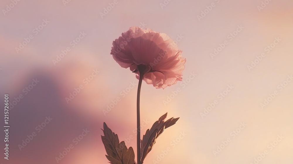 Fototapeta premium Single pale pink flower against a soft sunset sky.