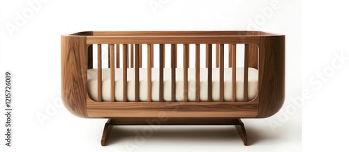 Elegant wooden baby crib with modern design on pristine white background perfect for contemporary nursery interiors. photo