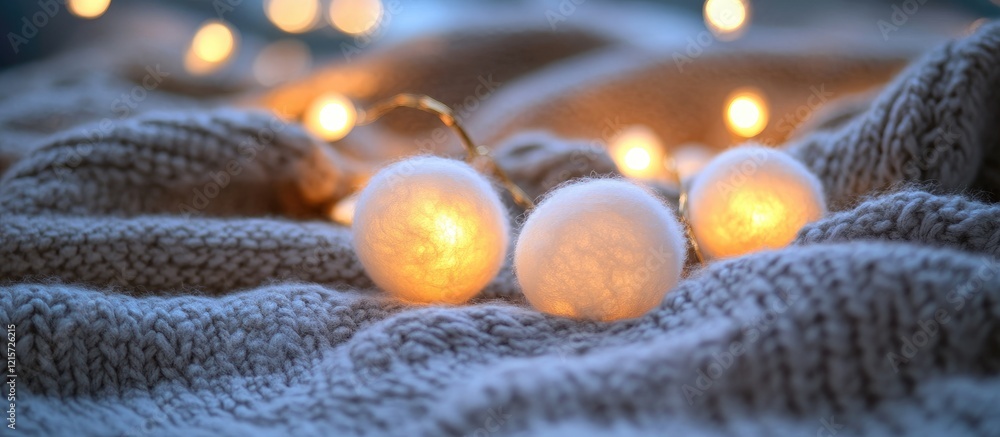 Cozy ambiance with glowing cotton light balls on a soft woolen blanket creating a warm and inviting atmosphere for home decor. Cozy ambiance with glowing cotton light balls on a soft woolen blanket creating a warm and inviting atmosphere for home decor.
