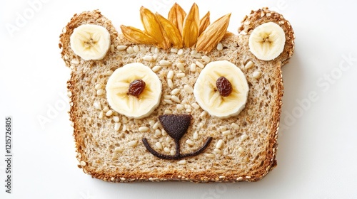 Creative whole grain bread art with banana, sunflower seeds, and raisins shaped like a lion face, ideal for a fun kids' breakfast. photo