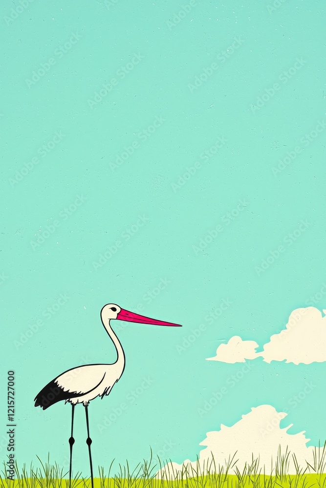 Fototapeta premium Graceful Stork with Long Legs Standing in a Bright Blue Sky Surrounded by Soft Clouds and Lush Green Grass