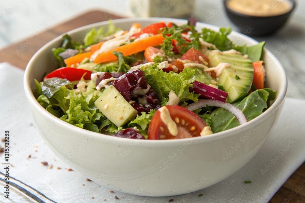 Fresh vegetable salad with dressing and greens Fresh vegetable salad with dressing and greens