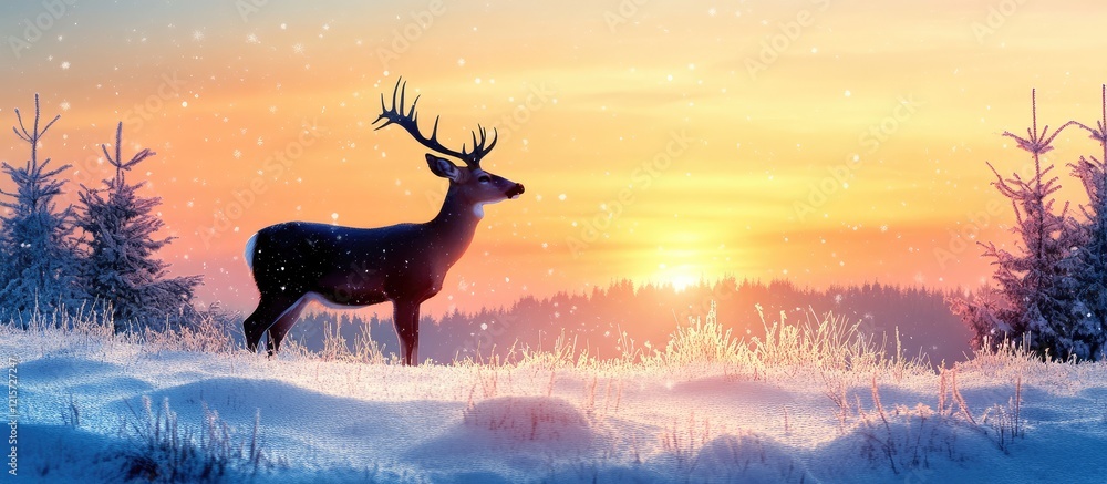 Φωτογραφία Whitetail deer silhouette standing gracefully in a snowy landscape against a vibrant sunset sky featuring hues of orange, pink, and purple
