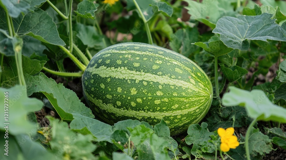 Obraz premium Winter melon nestled among lush green leaves in a garden setting showcasing its distinctive striped skin and vibrant surroundings.