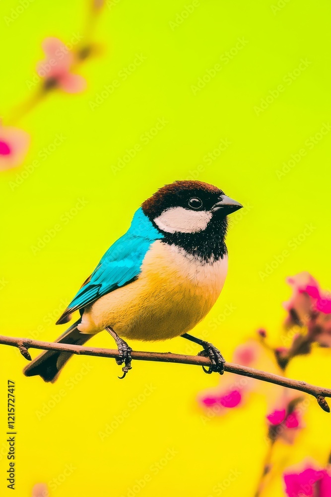Naklejka premium Lively Sparrow Perched on Delicate Branch with Colorful Blossoms Against Vibrant Background