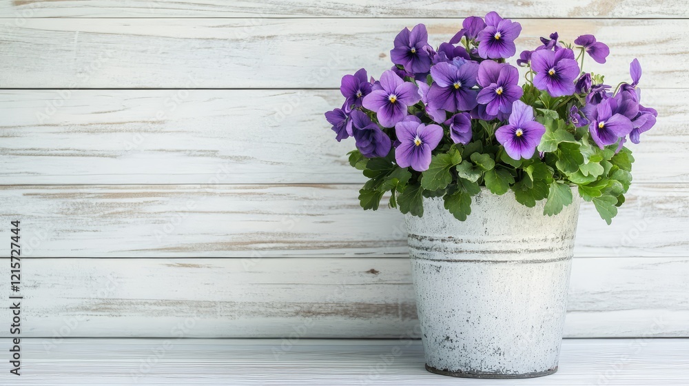 Fototapeta premium Rustic White Wooden Background Featuring Vintage Metal Vase Filled with Vibrant Purple Violets and Fresh Green Leaves