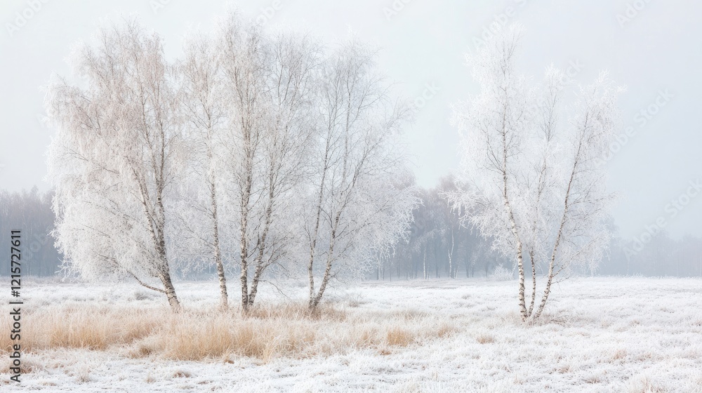 Frosty winter landscape with birch trees adorned by hoarfrost against a misty background in a serene natural setting Frosty winter landscape with birch trees adorned by hoarfrost against a misty background in a serene natural setting