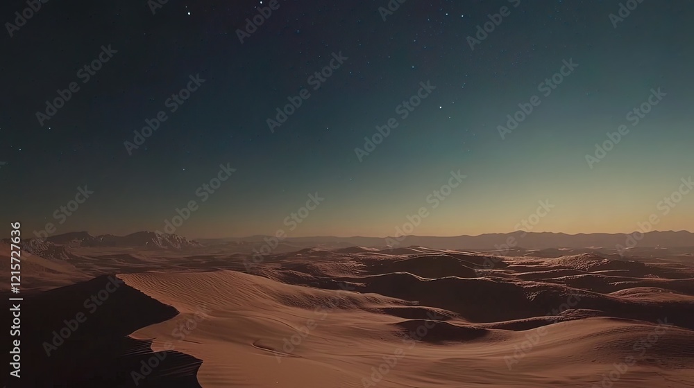 Fototapeta premium Starry night over a vast, snow-covered desert landscape with mountains in the distance.