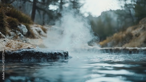 Steam rises from a natural hot spring in a rocky, wooded area.