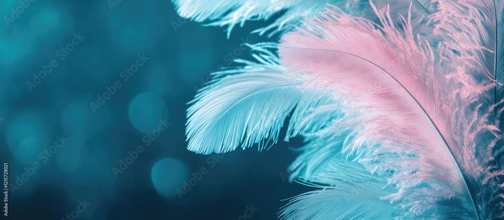 Obraz premium Carnival Theme Background Featuring White Feathers with Neon Pink and Blue hues Against a Soft Bokeh Light for Copy Space