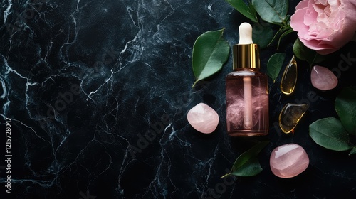 Cosmetic oil serum bottle with gold dropper, pink stones, and green leaves on a dark marble surface with peony flower, ideal for skincare layout. photo