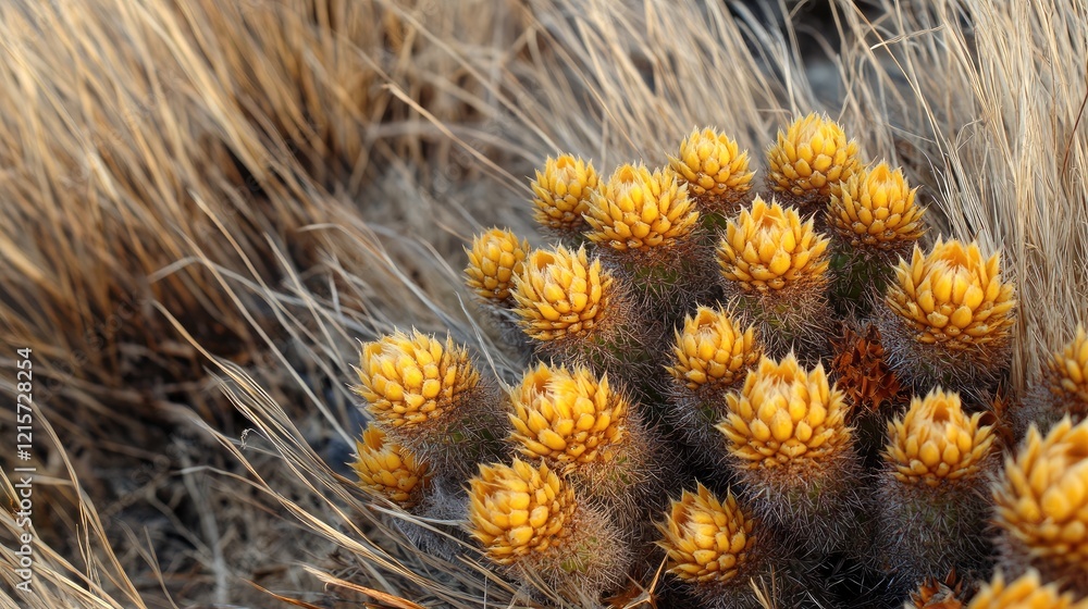 Vibrant Yellow Cacti Blooming Amidst Parched Grass in Desert Landscape Vibrant Yellow Cacti Blooming Amidst Parched Grass in Desert Landscape