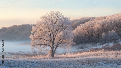 Wallpaper Mural Serene winter forest landscape featuring frosty deciduous trees under soft snowfall in early morning light amidst a snowy setting. Torontodigital.ca