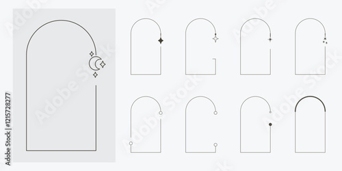 Zestaw ramek dekoracyjnych w minimalistycznym stylu z geometrycznymi dekoracjami, planetami i gwiazdami. Proste dekoracje do wykorzystania w projektach.