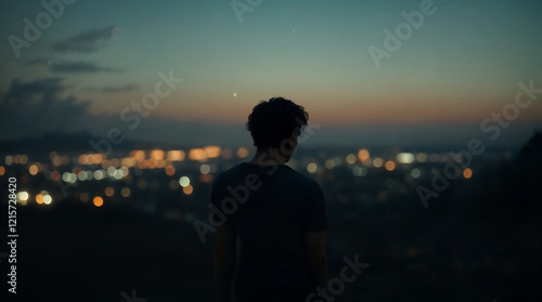 Silhouette of a young man gazing at a breathtaking cityscape under a twilight sky, conveying a serene and contemplative mood with urban lights sparkling in the distance. photo