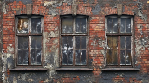 Weathered brick wall with vintage windows highlighting urban decay and architectural history in an old high-rise building.