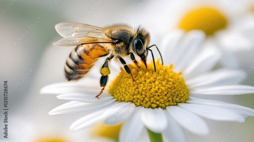 Bee collecting nectar from a daisy flower showcasing detailed wings and furry body in sunlight highlighting the beauty of nature Bee collecting nectar from a daisy flower showcasing detailed wings and furry body in sunlight highlighting the beauty of nature