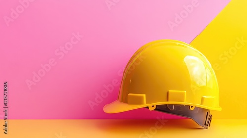 Bright Yellow Construction Helmet on Vibrant Pink and Yellow Geometric Background Perfect for Safety and Building Themes photo