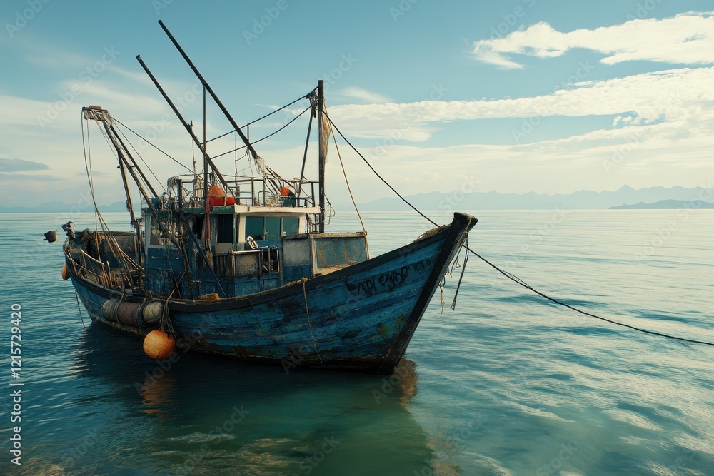 Rustic fishing boat anchored in calm waters, surrounded by serene landscapes, capturing the essence of coastal life and maritime adventure in tranquil settings. Rustic fishing boat anchored in calm waters, surrounded by serene landscapes, capturing the essence of coastal life and maritime adventure in tranquil settings.