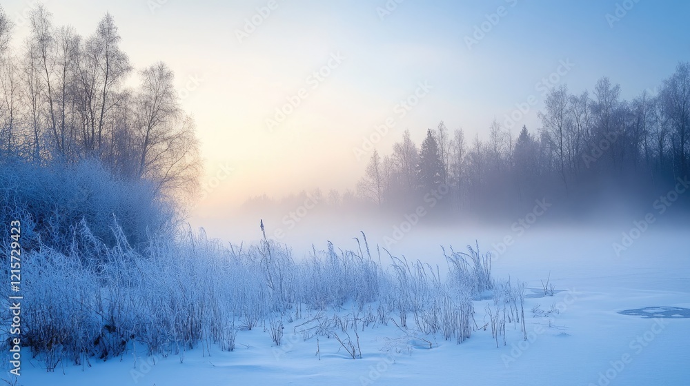 Serene winter landscape with frosty mist and soft morning light over frozen lake and trees Serene winter landscape with frosty mist and soft morning light over frozen lake and trees