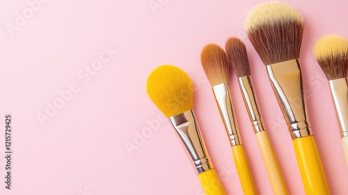 Yellow Makeup Brushes Arranged on Soft Pink Background Ideal for Beauty and Skincare Products Display for Creams and Facial Care photo