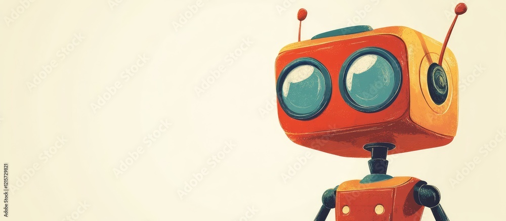 Cartoon robot with oversized eyes in orange and yellow tones, positioned against a light background, designed for web icon creation with geometric shapes. Cartoon robot with oversized eyes in orange and yellow tones, positioned against a light background, designed for web icon creation with geometric shapes.