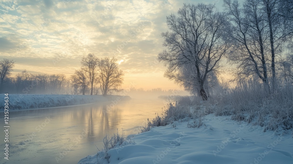 Serene winter landscape with frosted trees and a calm river at dawn reflecting soft morning light Serene winter landscape with frosted trees and a calm river at dawn reflecting soft morning light
