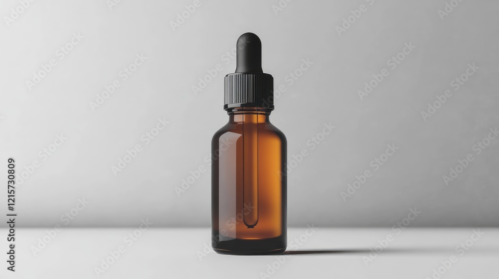 Cosmetic Serum Bottle Mockup in Brown Glass on Light Gray Background with Dropper and Clear Copyspace for Design Use Cosmetic Serum Bottle Mockup in Brown Glass on Light Gray Background with Dropper and Clear Copyspace for Design Use