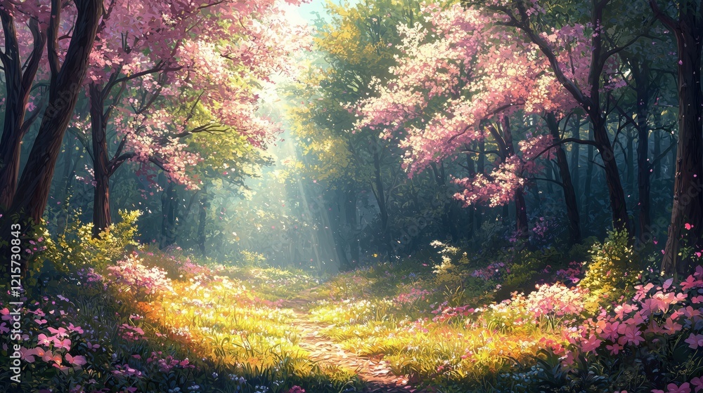 Serene Spring Forest with Sunlight Streaming Through Trees Serene Spring Forest with Sunlight Streaming Through Trees