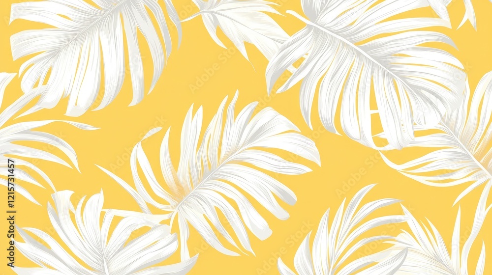 Vibrant Yellow Background Featuring Elegant White Tropical Palm Leaves for a Stylish Summer Aesthetic Vibrant Yellow Background Featuring Elegant White Tropical Palm Leaves for a Stylish Summer Aesthetic