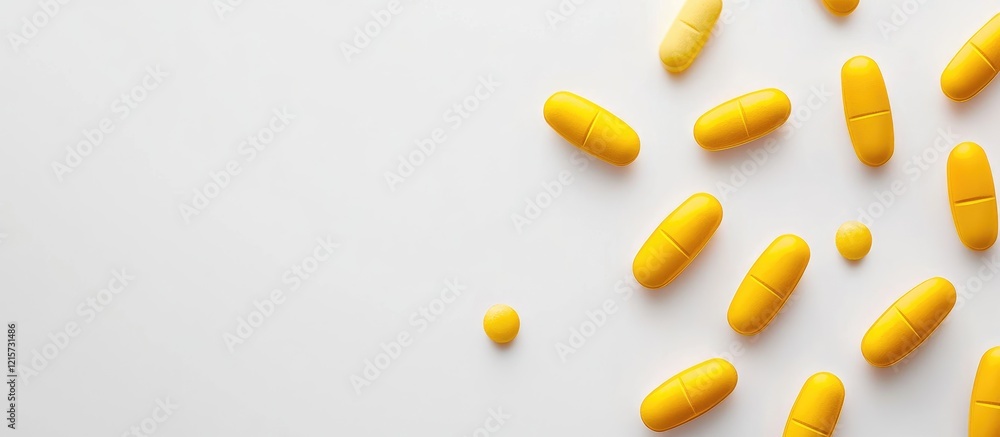 Yellow Capsules on White Background with Ample Space for Text or Design Elements in Health and Wellness Context Yellow Capsules on White Background with Ample Space for Text or Design Elements in Health and Wellness Context