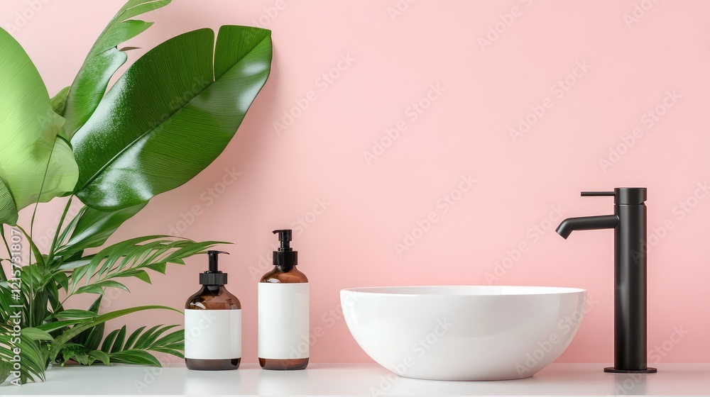 Fototapeta premium Cosmetic Mockup for Self Care Products on White Counter with Brown Bottles and Black Faucet Against Pink Wall with Green Leaves
