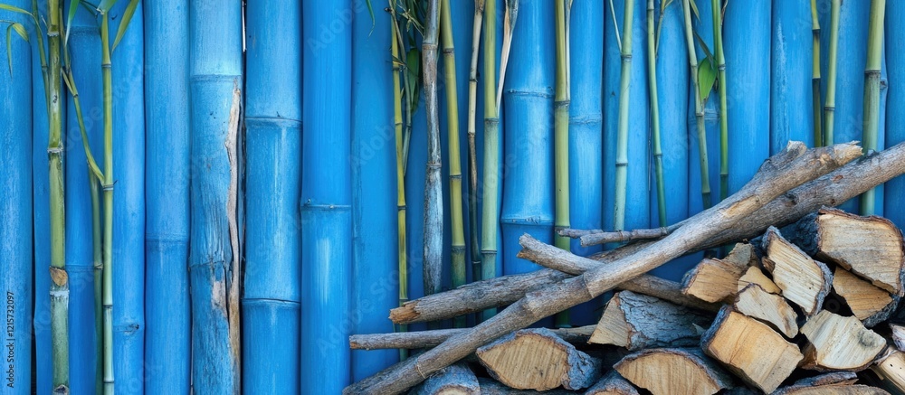 Obraz premium Blue bamboo and shinglestick trees arranged as firewood with blurred background and empty space for text ideal for natural product advertising