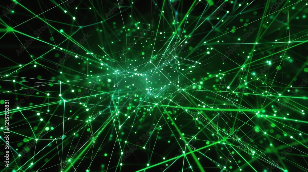 Glowing green neural network. Plexus of glowing dots and lines. Abstract technology and science background. Glowing green neural network. Plexus of glowing dots and lines. Abstract technology and science background.