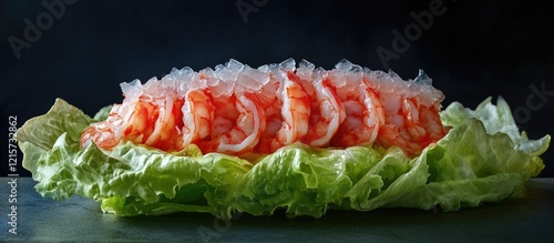 Cambar shrimp elegantly arranged on fresh iceberg lettuce with dark background, providing ample empty space for text or design elements. photo