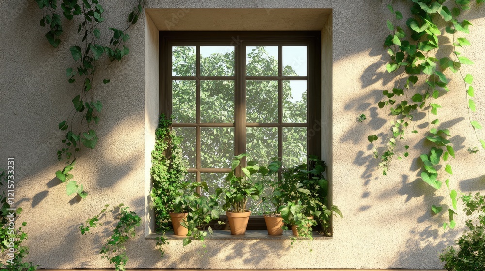 Harmonious window view adorned with lush greenery and potted plants creating a serene indoor atmosphere. Harmonious window view adorned with lush greenery and potted plants creating a serene indoor atmosphere.