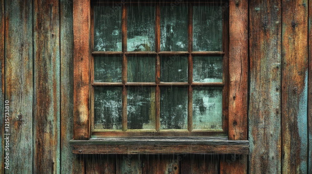 Rainy day view through a rustic wooden window with weathered frame showcasing raindrops on glass and a moody atmosphere. Rainy day view through a rustic wooden window with weathered frame showcasing raindrops on glass and a moody atmosphere.