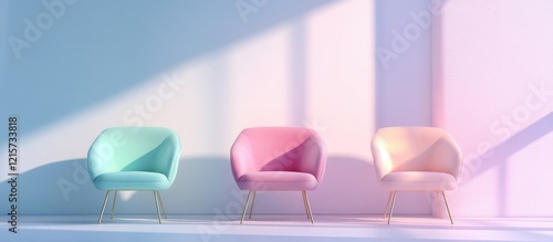 90s inspired lounge area showcasing pastel chairs with ample empty space for text and a soft light ambiance photo