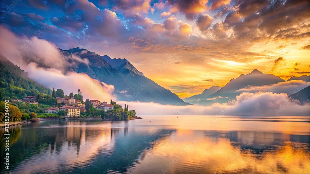 Fototapeta premium Lago di Como Sunrise Cloudscape: Breathtaking Aerial View of Italian Lake