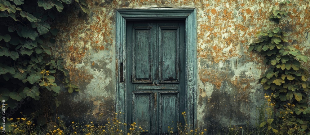 Abandoned house facade with peeling wallpaper and overgrown vegetation showcasing nature's reclaiming of forgotten spaces. Abandoned house facade with peeling wallpaper and overgrown vegetation showcasing nature's reclaiming of forgotten spaces.