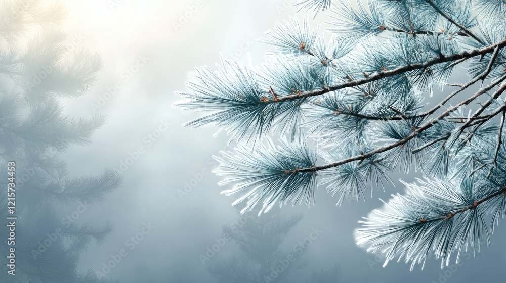Foggy winter morning in pine forest with fresh snow on coniferous branches creating a serene and peaceful landscape atmosphere Foggy winter morning in pine forest with fresh snow on coniferous branches creating a serene and peaceful landscape atmosphere