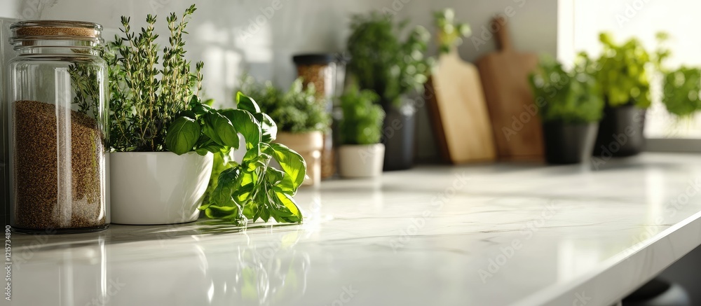 Close up of vibrant herbs and spices displayed on a modern kitchen countertop with blank space for customizable text or graphics Close up of vibrant herbs and spices displayed on a modern kitchen countertop with blank space for customizable text or graphics